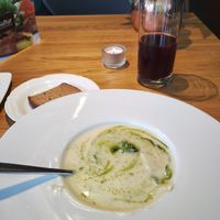spargelsuppe mit glutenfreiem brot und traubenschorle at Restaurant EssKultur in Muellheim