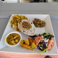 Chickpea curry, rice, soy mince, salad at Island Chef in Soufriere
