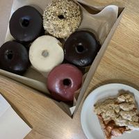 Half dozen donuts and apple oat bar at Beet Box Bakery & Cafe in Denver