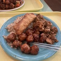 Egg roll, orange chicken, some tofu thing, and fried brown rice. Very nice   at Oscar in Tokyo