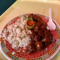 Platter dish with orange chicken and sweet and sour pork (the pork was fantastic) at Oscar in Tokyo