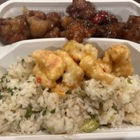Walnut shrimp, orange chicken, gung pao chicken, and garlic fried rice.   at Oscar in Tokyo