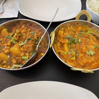 Vegetable dahnsak and Chickpea potato curries   at Taste of India in Isle Of Skye