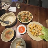 Fried mushrooms, butter garlic tofu and the small bowl of soup you get with the rice. #Veganuary at Thong Dong 2 - Vegan Friendly Kitchen in Lao Cai