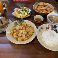 Butter tofu, vietnamese salad, tempura veg and fried spring rolls  at Thong Dong 2 - Vegan Friendly Kitchen in Lao Cai