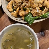 Fried mushrooms and free vegetable soupp  at Thong Dong 2 - Vegan Friendly Kitchen in Lao Cai