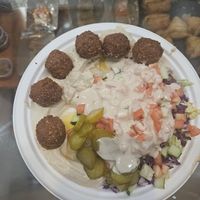 Baba, hummus, falafel salad plate at Rami's in Brookline