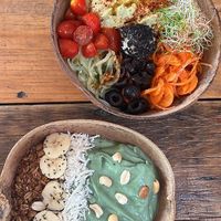 Spirulina Smoothie Bowl and Avocado Hummus Bowl at YAAB Vegan Kitchen in Puerto Escondido