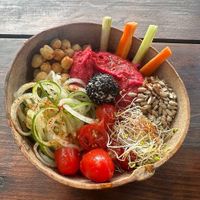 Beetroot Hummus Quinoa Bowl with Chickpeas at YAAB Vegan Kitchen in Puerto Escondido
