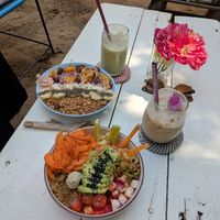 Acai bowl, hummus bowl, iced matcha latte, iced chai latte at YAAB Vegan Kitchen in Puerto Escondido