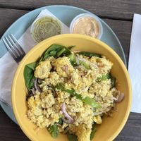 Vegan plant power bowl with hash browns instead of vegan protein optionns  at BarleyBean in Austin