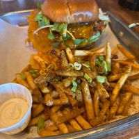 Vegan Broc of Ages: 
House made patty of broccoli, white beans and rice topped with house BBQ onions, fried cheddar cheese and chipotle mayo at Q Burger in Qualicum Beach