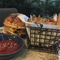 Beyond meat burger with french fries   at Ver De in El Nido