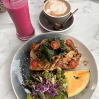 Mushroom toast, dragonfruit smoothie and cappuccino for breakfast (must stay at H Hotel to get)  at Ver De in El Nido