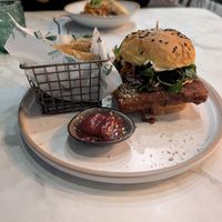 Buff burger, tofu "chicken" for parmesan fries. Burger was spicy at Ver De in El Nido
