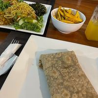 Zen Spaghetti, Plantain Fries, Chickpea Roti at The Green Zen in Rodney Bay