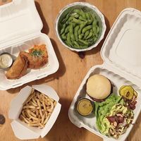 vegan roasted potato, cauliflower and chickpea samosas, edamame, vegan beyond burger with the bibb salad and french fries (fried in peanut oil!)  at The Oxford House Inn in Fryeburg