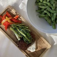 falafel with a cashew cream, shaved asparagus salad and peppers and edamame with sea salt  at The Oxford House Inn in Fryeburg