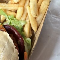 Vegan burger and chips  at Malibu Burgers in Ballina
