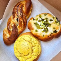 Green Onion bun, BBQ bun, coconut raisin bun at Tai Zhan Bakery in Saratoga