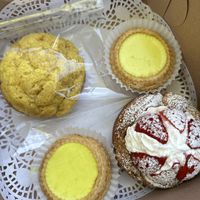 Eggless tarts, pineapple bun, and strawberry croissant   at Tai Zhan Bakery in Saratoga