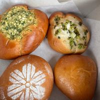 Garlic bun, Green onion bun, Red bean bun, Egg & Cheese bun at Tai Zhan Bakery in Saratoga