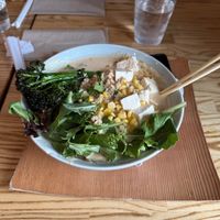 The vegan ramen with broccolini stalks and lettuce.  at HiroNori Craft Ramen in Cupertino