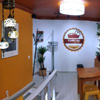 Upstairs with coffee machine at right at Hummus Junction in Setubal