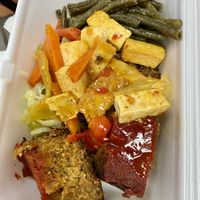 Tofu, green beans, pecan loafs, vegetables   at Ma's Vegi Deli in St Thomas