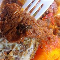 The gluten steak was perfectly tender and savory at Ma's Vegi Deli in St Thomas