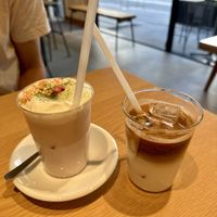 Sakura drink with soy milk and iced soy latte  at Common Well  in Kyoto