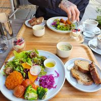 Breakfast set. Lots of yummy veg. Beautiful sourdough toast, soup and a yoghurt at Common Well  in Kyoto