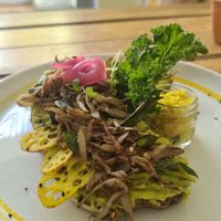 Sourdough bread with avo and garlic mushrooms (let them know you prefer coconut oil rather than butter for a vegan version) at Sunny Side Up in Hikkaduwa
