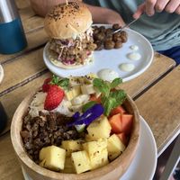 Smoothie bowl and mushroom burger, both v good   at Sunny Side Up in Hikkaduwa
