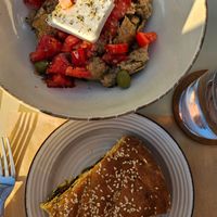 Bread salad with vegan feta & pie at GOJI Vegan Hotel in Rhodes