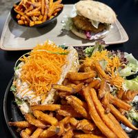Burger + Sweetpotato Fries  at To Kafe Tis Chrysanthi's in Larnaca