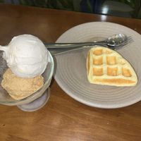 Vanilla and salted caramel scoops with a waffle  at Thanh Glado in Ho Chi Minh City