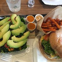 No bull burger with yam fries and kale and quinoa salad at Tera V Burger in Vancouver