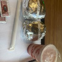 Samosa burger and sweet chili chicken burger with strawberry shake  at Tera V Burger in Vancouver