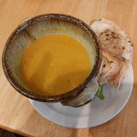 Carrot, potato and lentil soup at No Meating Place in Rugby