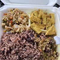 Curry tofu, rice and peas with steamed veggies   at Roots Plant Based Cafe in Byron