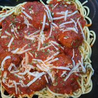 Spaghetti and Meatballs at Roots Plant Based Cafe in Byron