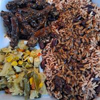 Jamican Jerk Vege Chicken, rice and peas, and cabbage at Roots Plant Based Cafe in Byron