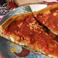 Vegan pizza with Daiya cheese, spinach and garlic at Patxi's Pizza in Livermore