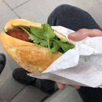 Vegan banh mi with roast pork  at Little Phat Rolls in Braddon