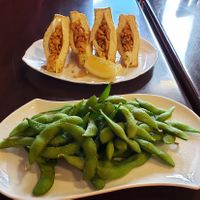 Stuffed tofu and edemame  appetizers. at Noon Thai Plus Vegan in Englewood