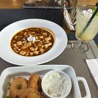 Spicy Mapo tofu and “calamari”    at Na Vayla Paplern-Vegan Restaurant in Bangkok
