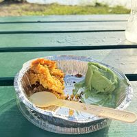 Corn cake and ice cream by the waters edge   at Vegan Vibes in St Georges
