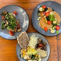 Cinnamon vegan pancakes, tofu scramble and avocado toast at Alegría Cafetería Tulum in Tulum