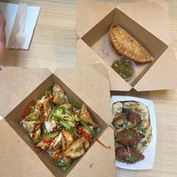 a mix of all the available wontons, empanada and kibbeh -- so good! at Salt N Fire in Inverness